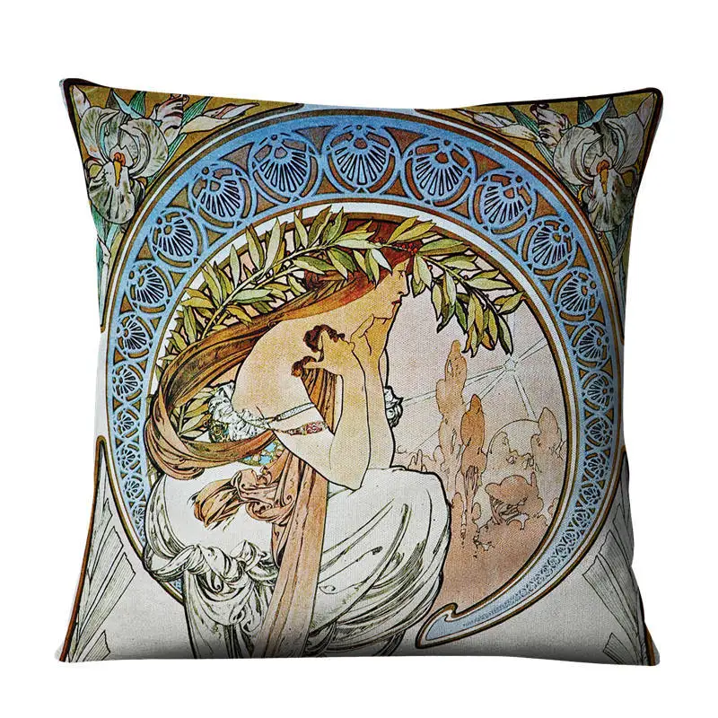 classical mucha gallery beauty linen decorative throw green pillows case set decor home cartoon cushion covers for sofa car free global shipping