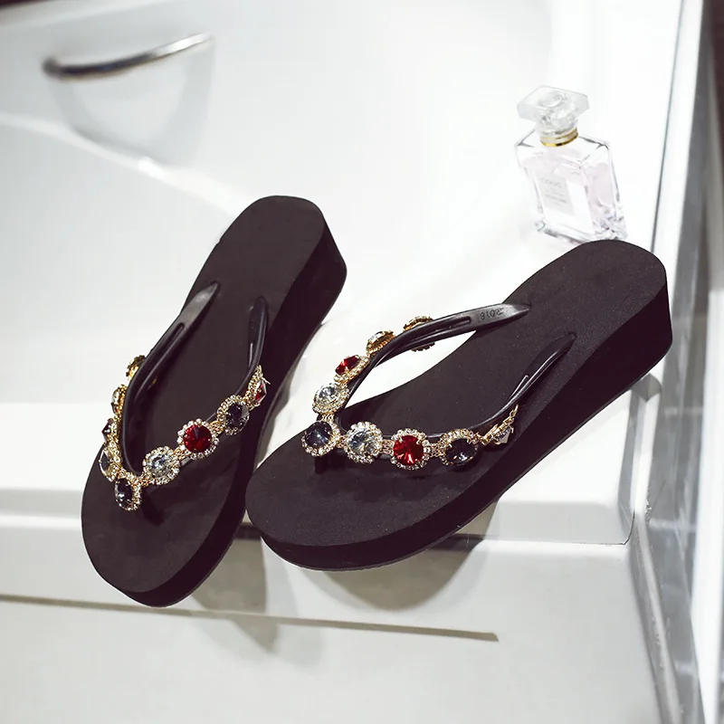 Fujin/2020 Наклонный каблук Мужские шлепанцы со стразами Женская летняя верхняя