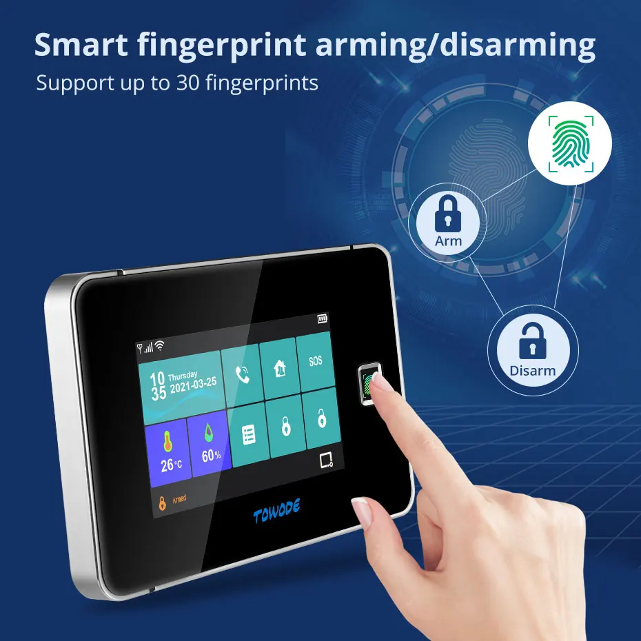 TOWODE Fingerprint Arm Disarm Alarm System WIFI GSM Home Security Tuya Smart App Remote Control Kit With HD Outdoor Camera | Безопасность