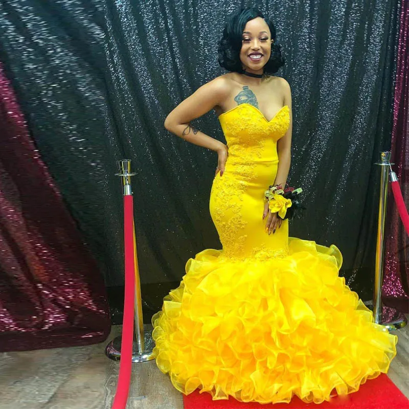 

Yellow Appliques Mermaid Prom Dresses 2021 Sweetheart Puffy Long Satin Formal Evening Party Gowns Robe De Soiree