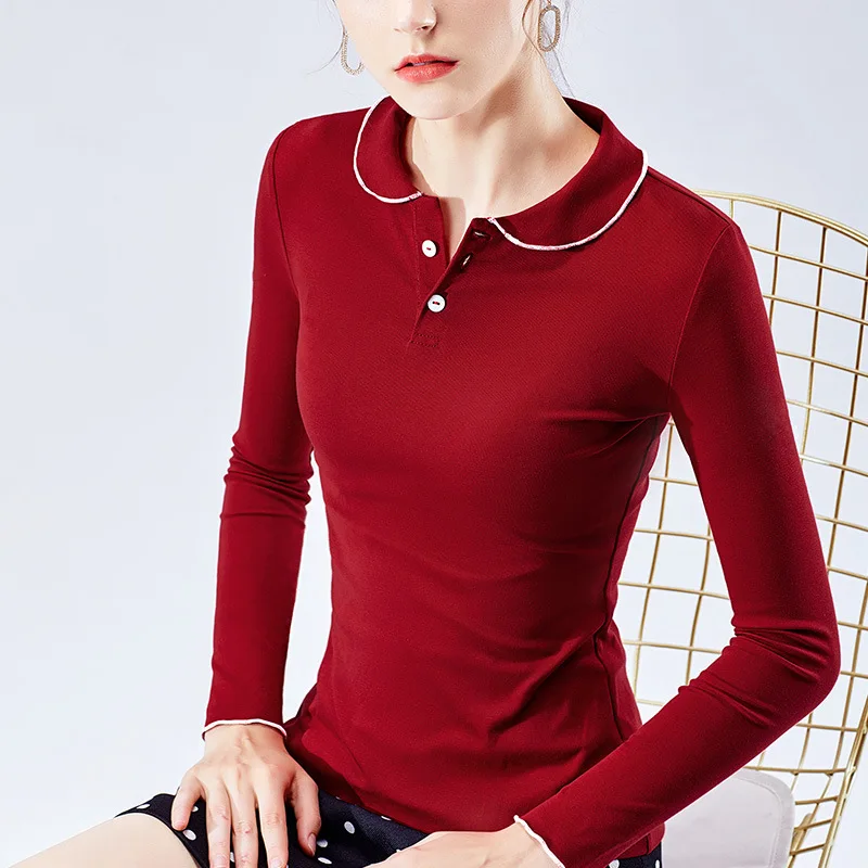 Ретро рубашка поло с воротником осень новинка женская длинным рукавом для