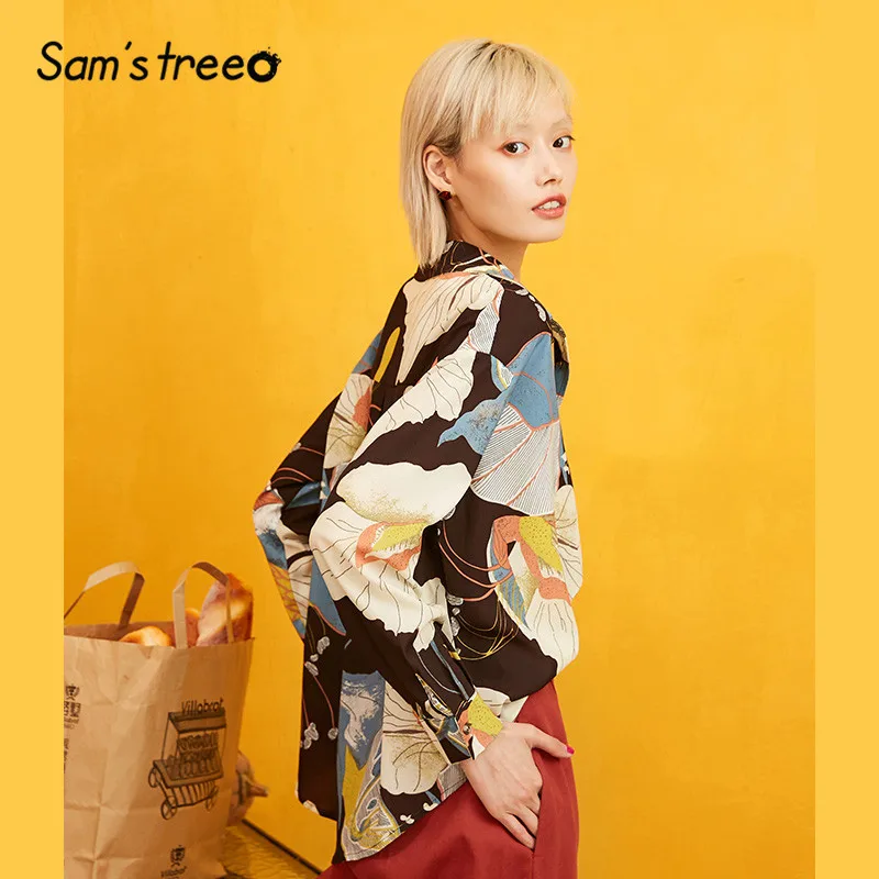 Samstree, винтажная блузка с цветочным принтом, рубашка для женщин, бохо, топ,, Осенний праздник, длинный рукав, для отдыха, офисные женские блузки