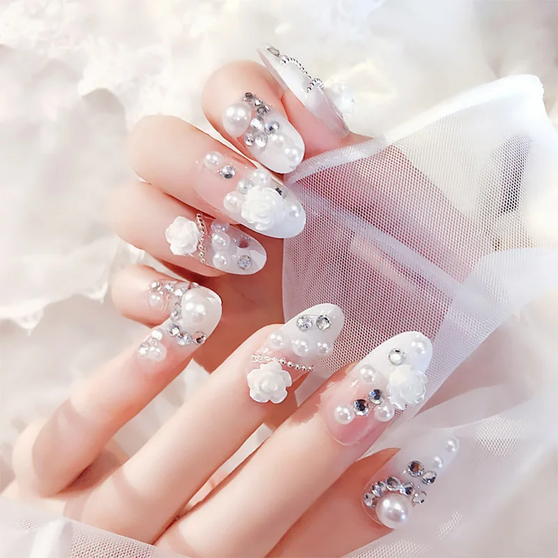 

24 Pcs Shinning 3D Women's French Bridal Wedding Nails Rhinestones False Nail Art Design Acrylic Full Fake Nail Tips