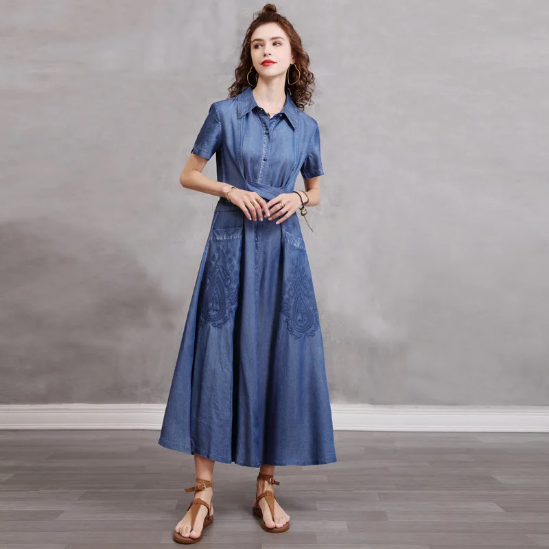 

IEQJ Women Blue Casual Elegant Embroidered Lace-up Shirt Denim Dress Newlapel Short Sleeve Loose Fashion Tide Summer 2021 3F0455