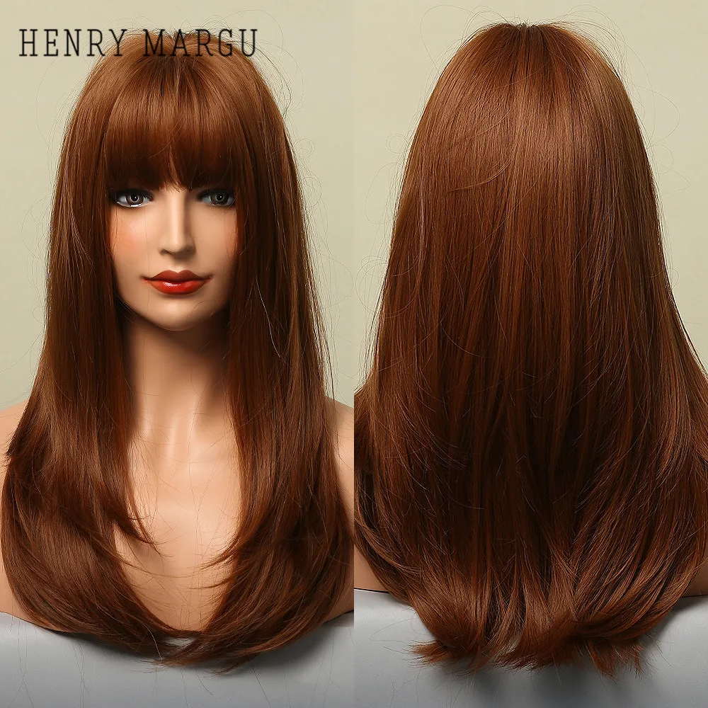 

HENRY MARGU Long Straight Layered Hair Ombre Red Brown Ash Lolita Bob Synthetic Wig with Bangs for Women Cosplay Heat Resistant