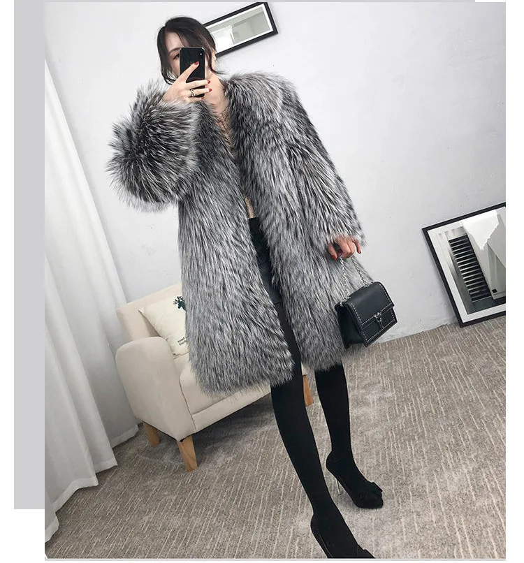 

Шуба Искуственный Мех Women Long Section V Neck Fashion Faux Fur Overcoats Warm Winter Autumn Sexy Imitation Fur Outwears J3522
