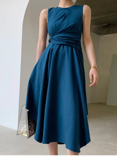 

Women Blue Dress 2019 New Fashion Round Neck Tie Waist Sleeveless Irregular Swing Midi Dresses Elegant Runways Clothing