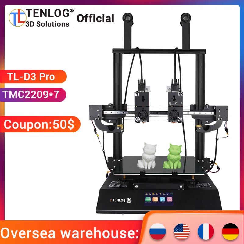 3D-принтер TENLOG TL-D3 PRO 7 шт. TMC2209 Независимый двойной экструдер 300 градусов высокая