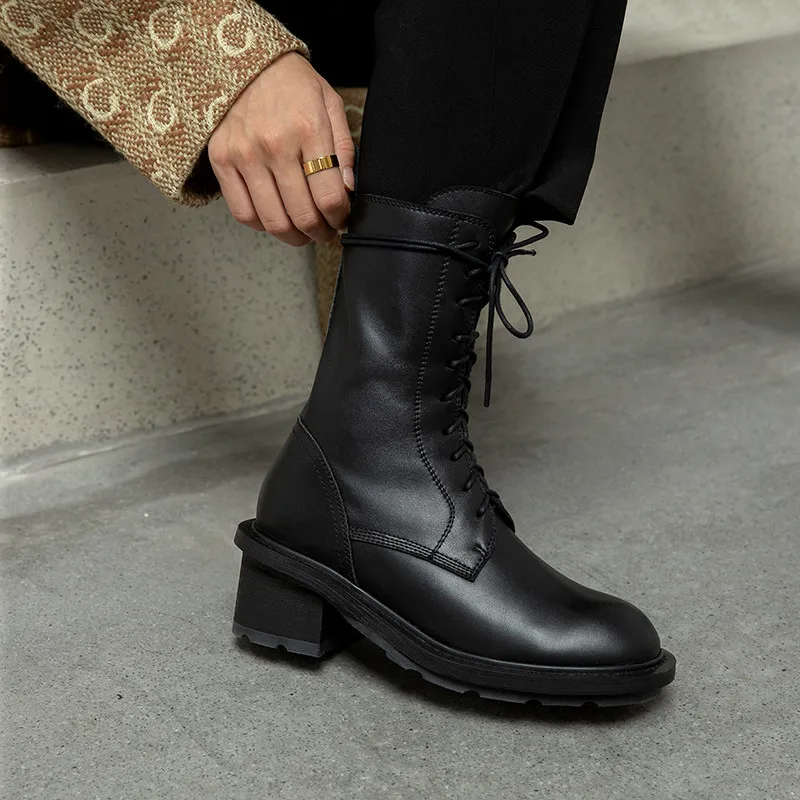 

NORBERG Real Leather Women Boots Autumn Winter Mid-Calf Western Lace-Up Cross-tied Square Heel Knight Boots Polyurethane