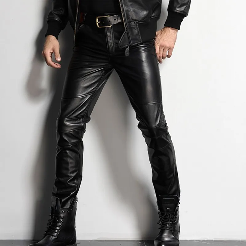 Итальянские мужские обтягивающие брюки из натуральной кожи размера плюс