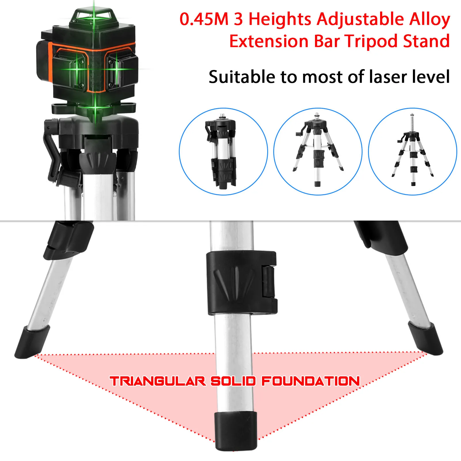 

0.45M 3 Heights Adjustable Aluminum Alloy Extension Bar Tripod Stand For Laser Level with Bubble-level