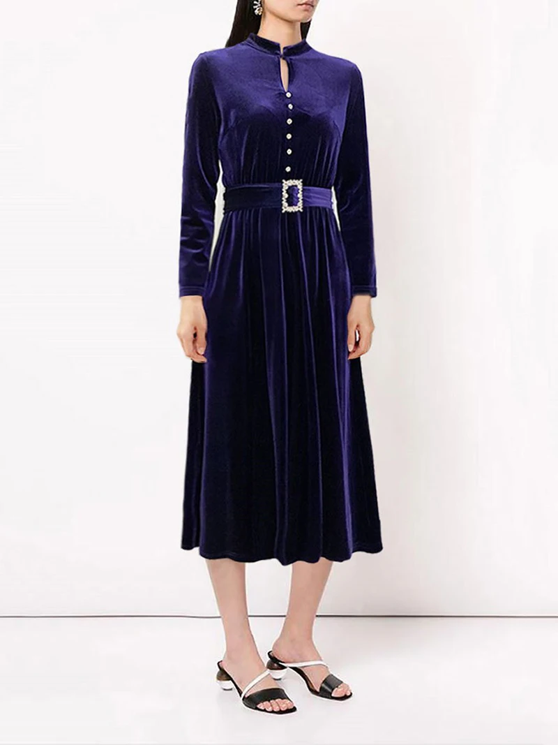 

Luxury Women Long Sleeve Midi Dress Diamonds Belt Velour Dresses