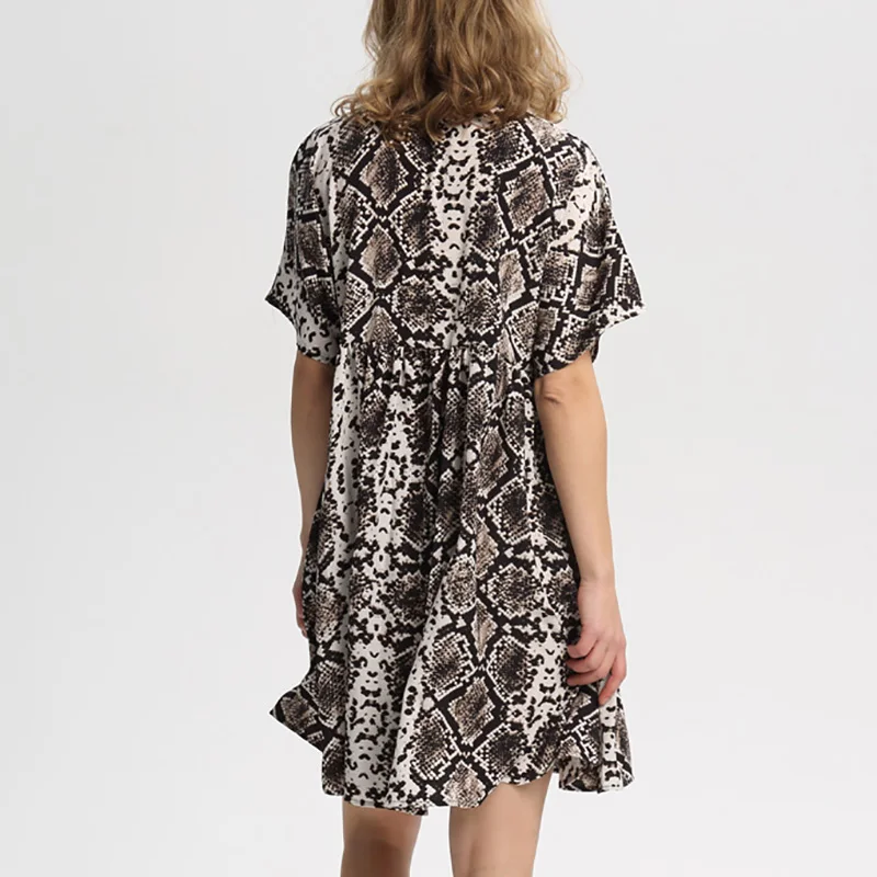 

Snake Print Women Dress V Neck Short Sleeve Stylish Straight Pleated Female Mini Dress Casual Loose Cute Women Dresses