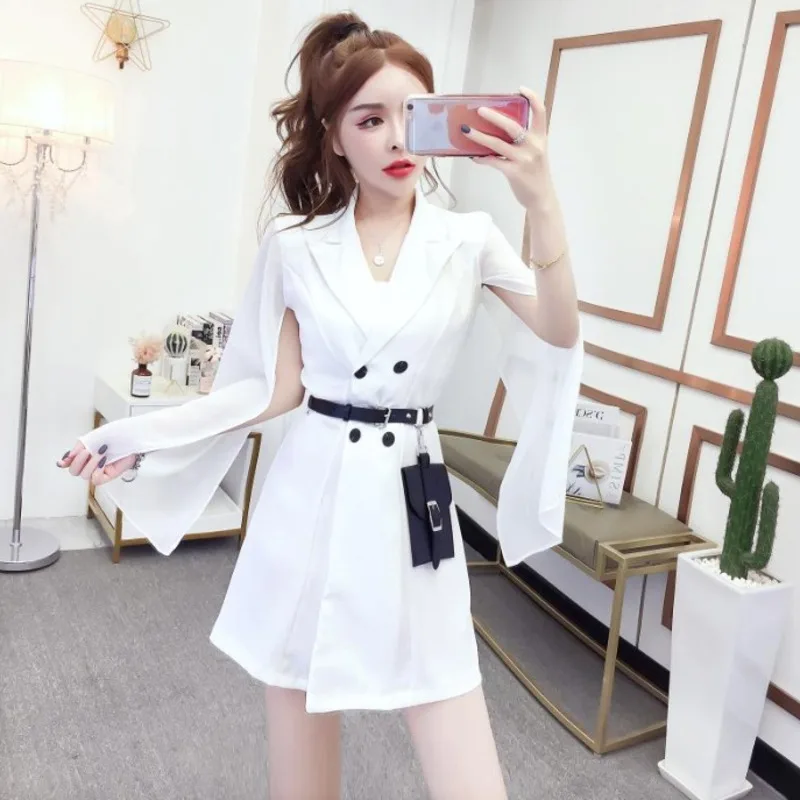 2020 лето новый OL темперамент костюм воротник шить шифон талии все-сплошной цвет