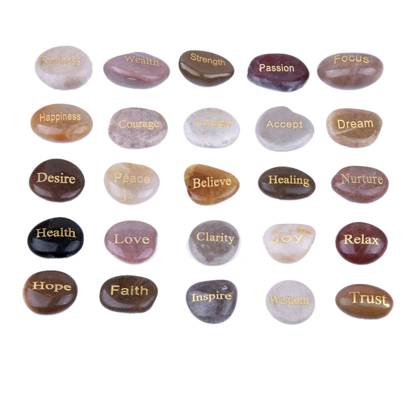 

25 выгравированных вдохновляющих камней со словами поощрения с Золотой Гравировкой камней для беспокойства утверждения медитации камней