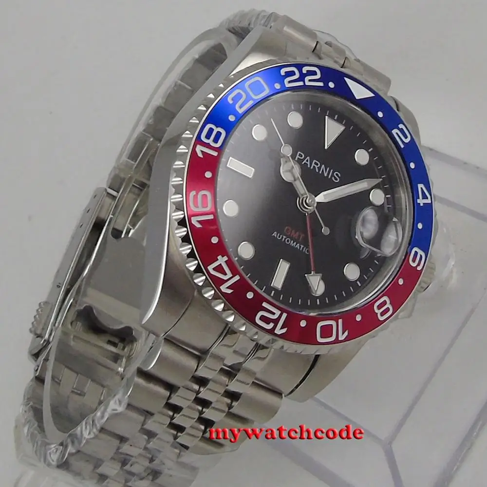40 мм PARNIS черный циферблат юбилейный браслет сапфировое стекло светящиеся