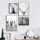 Декоративный постер в скандинавском стиле, белый пейзаж, Картина на холсте, скандинавский лес, олень, Орел, черная Настенная картина, Минималистичная картина