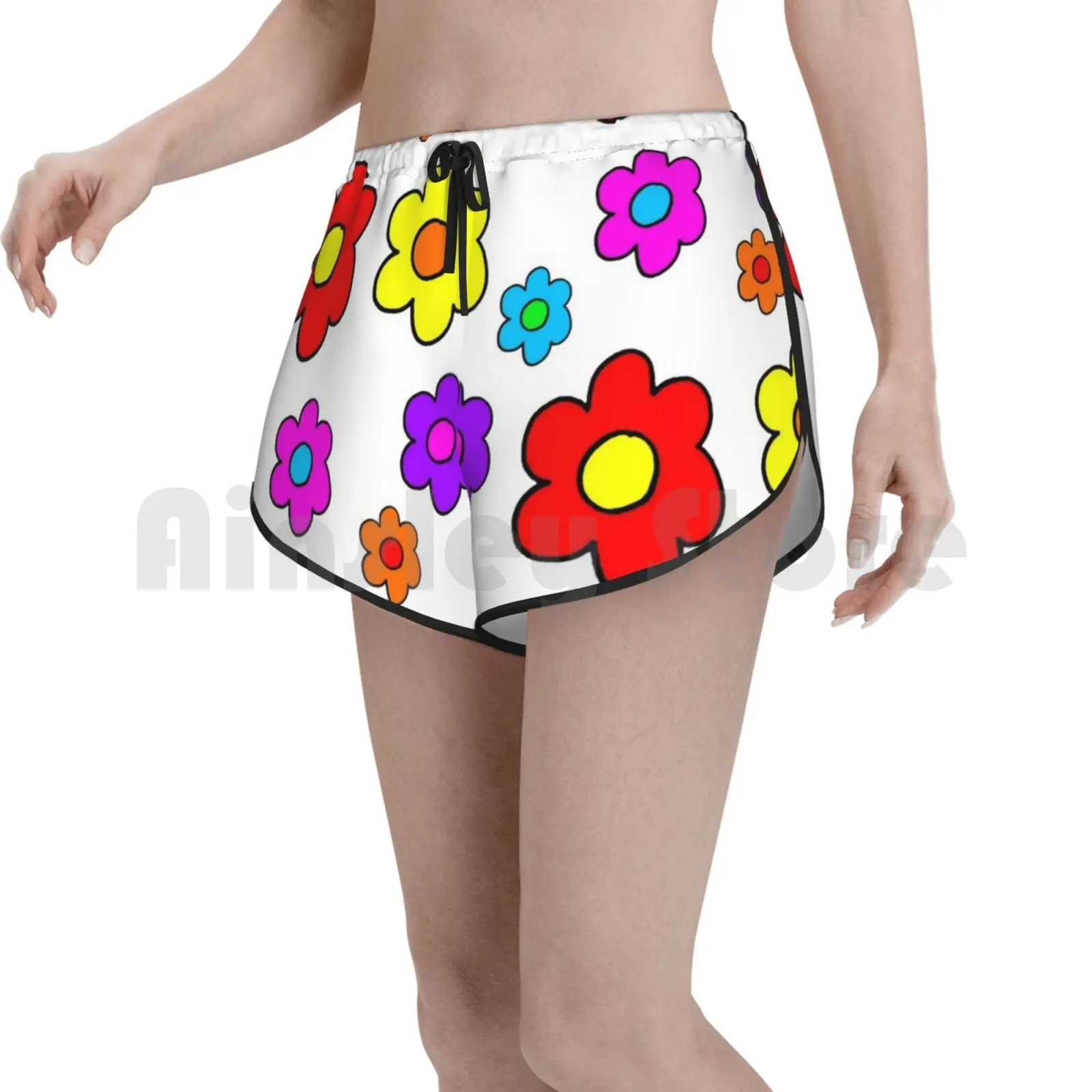 

Pop Flower White Swim Shorts Quick Dry Women Beach Short Pop Flowers Pop Art Hand Drawn Flower Mod Mod Art Mod Style Black