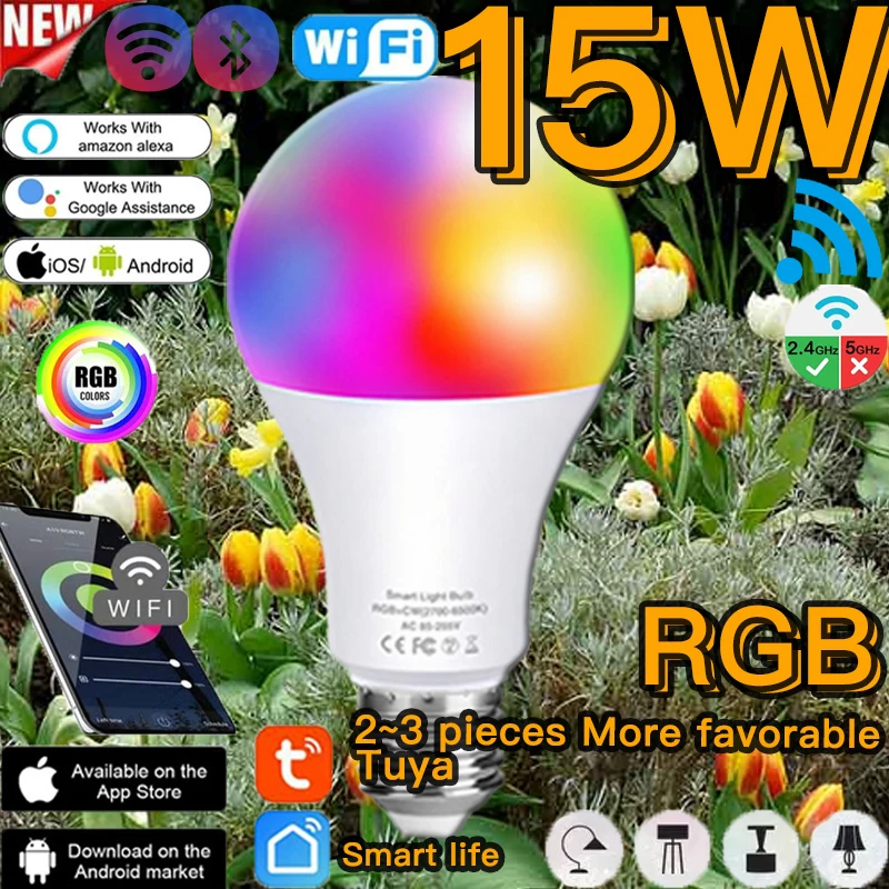 

RGB Ampolleta LED Light Bulb 15W Color Changing RGBCW Magic Smart Lamp B22 E27 Wifi Bluetooth/IR Remote Control Bombillas Alexa