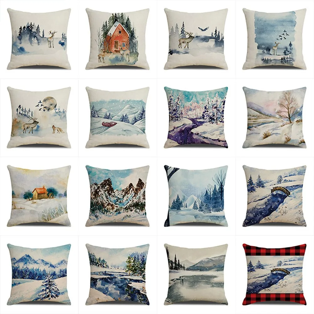 

45x45cm Christmas Pillowcase Xmas Deer In Snow Forest Picture Pillowcas Sofa Cushions Pillow Cases Home DecorNavidad New Year