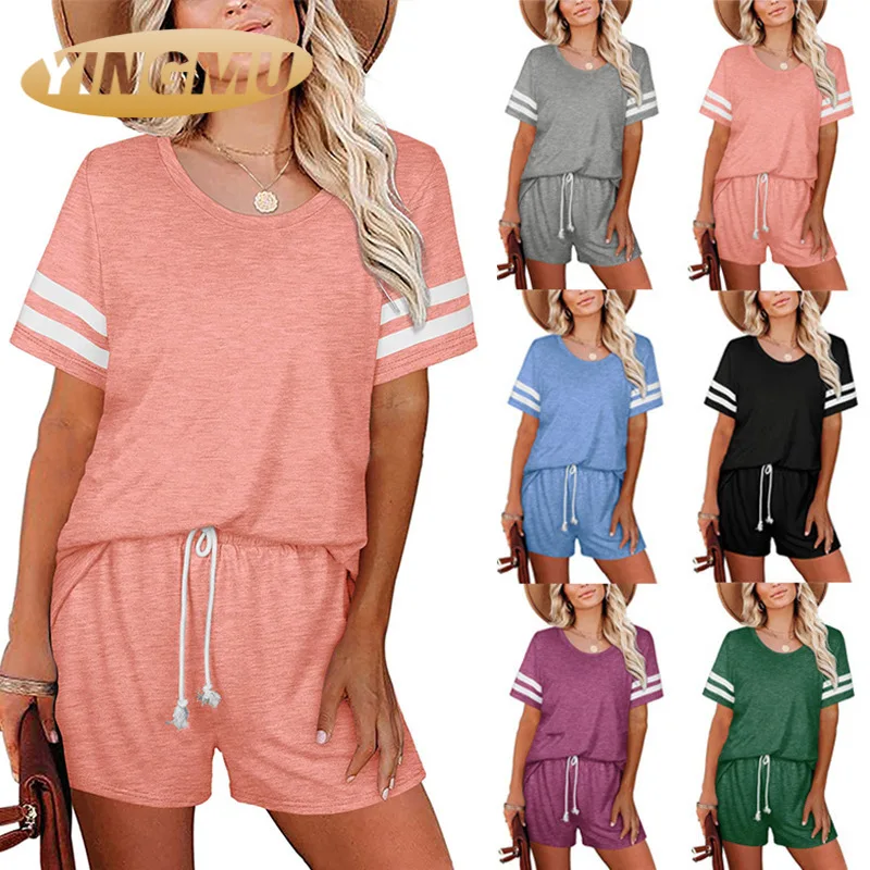 

2021 spring and summer new women's Short Sleeve Striped T-shirt Pocket Shorts casual two piece suit