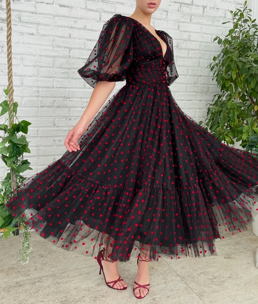 Черные марокканские Выпускные платья а-силуэта с рукавом до локтя тюлевые