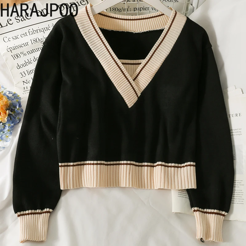 

Harajpoo Women Sweaters Retro Style Contrast Color Stitching Pullover Autumn 2021 Loose Thin Long Sleeve Versatile Cropped Tops