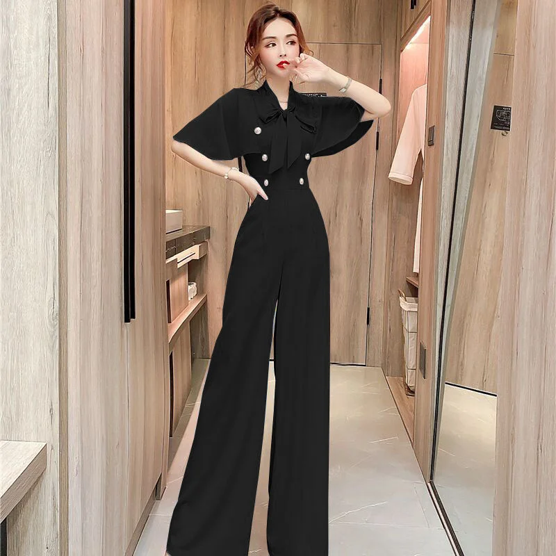 Spring Ladies Short Sleeve Bow lace up collar Solid Jumpsuits High Waist double breasted Women Casual Wide Leg Rompers