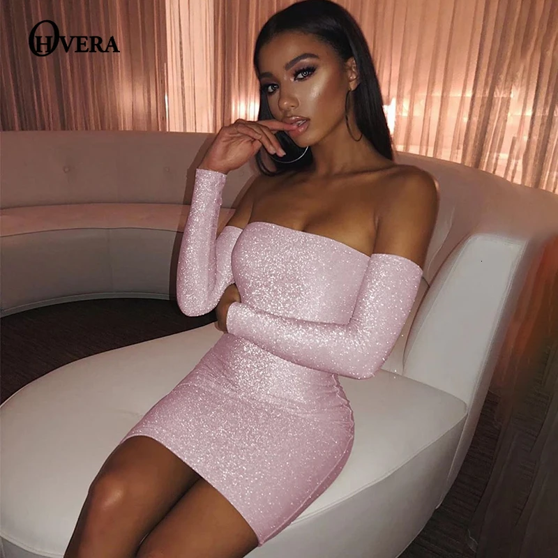 Ohvera Bling Bling Glitter Dress Women Off Shoulder Mini Bodycon Autumn Dress Elegant Backless Sexy Party Dresses Vestidos
