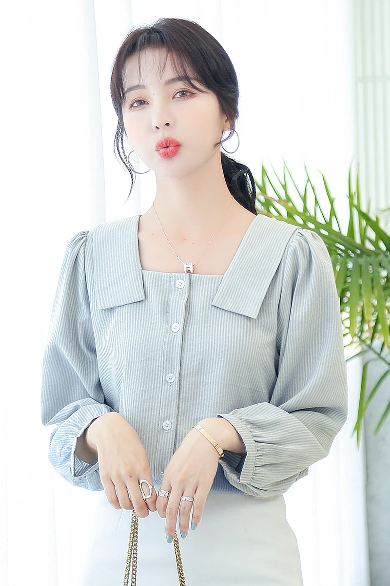

Houthion Satin Slim Women's Blouses New Casual Blouse Fashion Long Sleeve Top Shirt Spring/autumn Stripe Square Collar Buttons