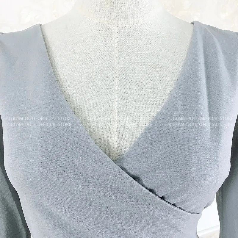 

Autumn Flare Sleeve Grey Women Cloth Knee-Length Bodycon Irregular V-Neck Sexy Dress
