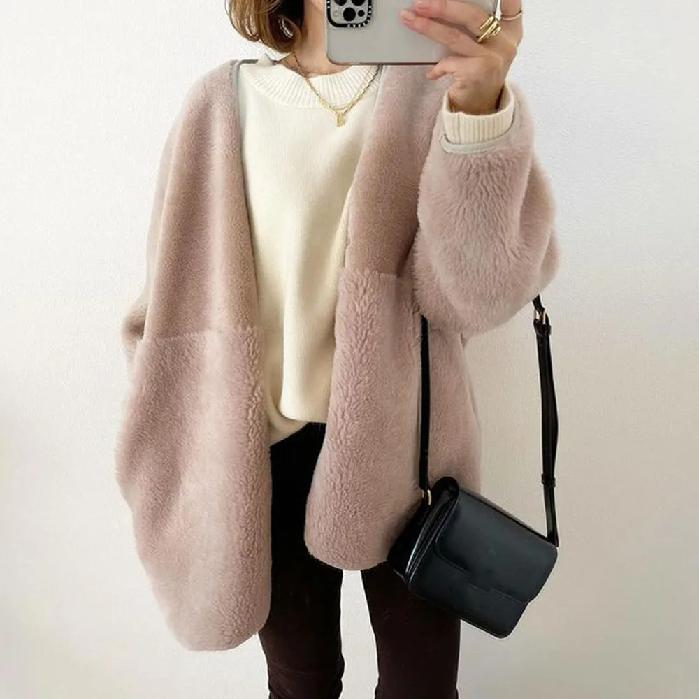 

Autumn Winter Wrapped Thick Loose Women's Jacket No-collar Coat Ladies Fashion Polar Fleece Soft Warm Overcoat Casual Cute Coats