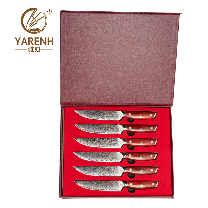 

YARENH 6 Pcs Professional Steak Knife Sets 67 Layers Damascus Stainless Steel Sharp Blade Cut Meat Kitchen Knife Rosewood Handle