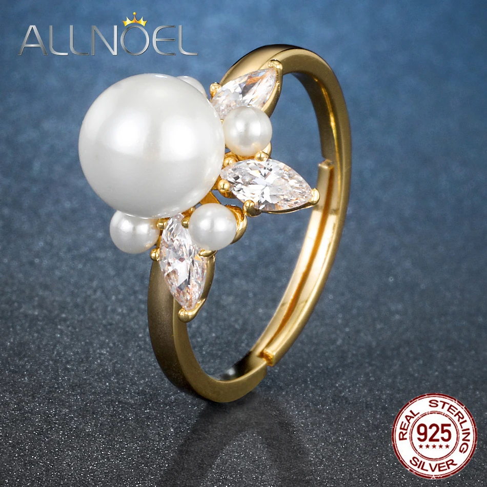 ALLNOEL 925 пробы серебро настоящее циркониевое жемчужное кольцо женское желтое