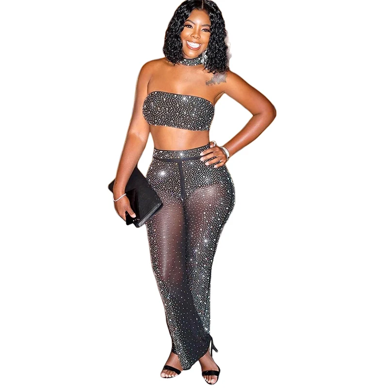 

Woman Matching Sets Sexy See Through Mesh Diamonds Sleeveless Tube Crop Top Straight Pants Two Piece Sets Party Club Outfits