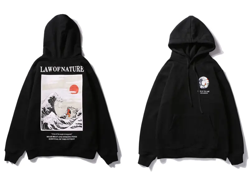 

Japanese Embroidery Funny Cat Wave Printed Fleece Hoodies 2020 Winter Japan Style Hip Hop Casual Sweatshirts Streetwear