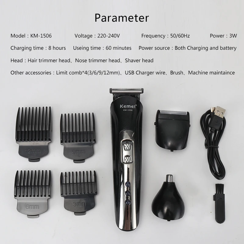 

Kemei KM-1506 Multifunctional Hair Trimmer Rechargeable Electric Nose Hair Clipper Electric Razor Beard Shaver Haircut Cutting