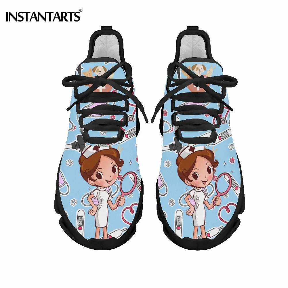 

INSTANTARTS Female Blue Cartoon Nurse Love Pattern Women Flats Lace Up Shoes Teen Girls Casual Comfort Heighten Sport Shoes