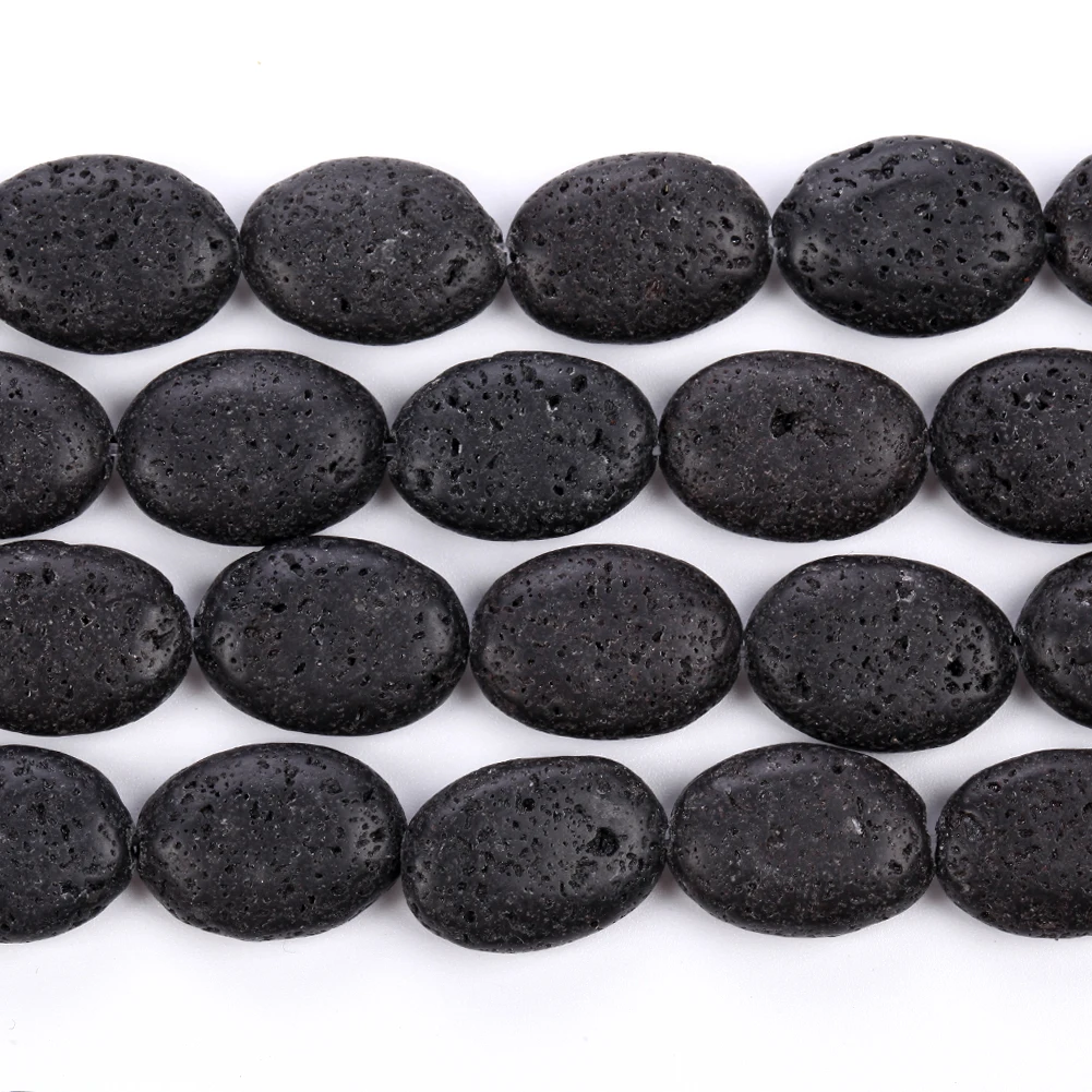 Бусины Из Натурального вулканического камня Плоские Овальные черные лавовые