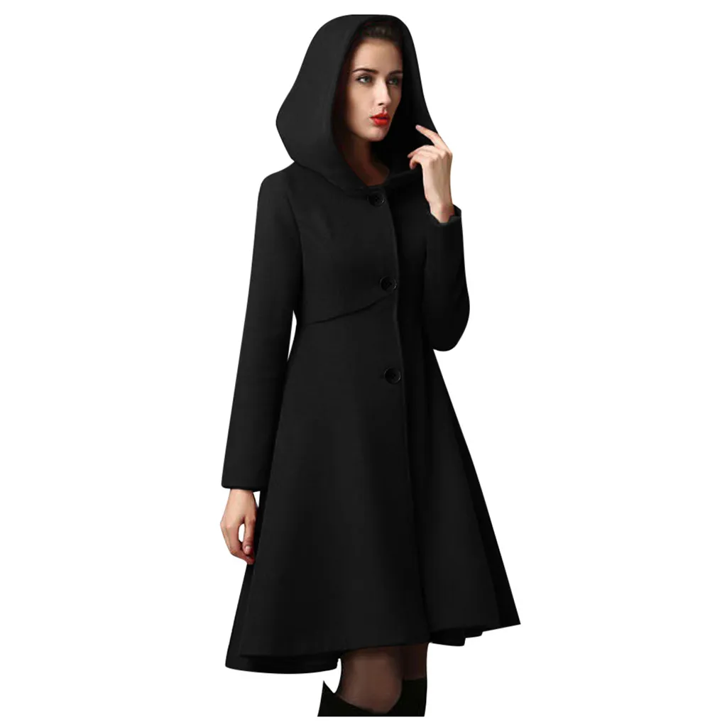 Зимнее женское пальто manteau femme, накидка с капюшоном, элегантное женское Шерстяное Пальто с карманами на талии, abrigo mujer casaco feminino - Цвет: Черный