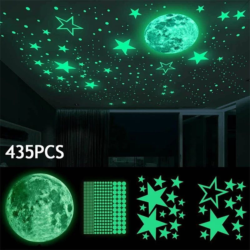

435 Pcs Luminous Moon Stars Wall Sticker 3D PVC Glow-In-The-Dark Sticker Kids Bedroom Home Decoration TV Background Party Decor