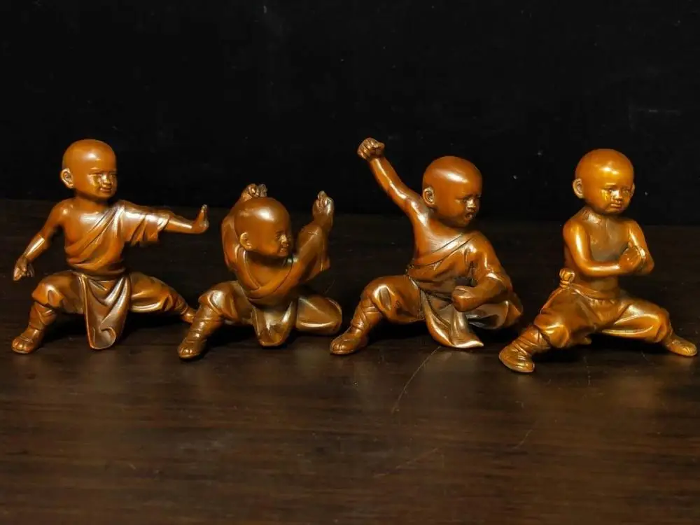 

wedding decoration Chinese Boxwood Seikos Wood Carving Kung Fu Kid Statue 4 little monk statues
