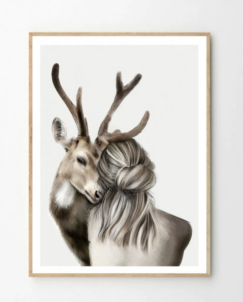 

Cat and deer with woman Wall Art Canvas Painting Nordic Posters Caring for animals Wall Pictures For Living Room Unframed
