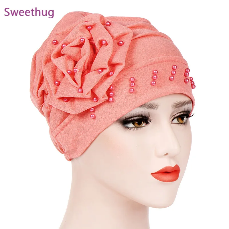 

5pcs/lot 2021 Fashion Ruffle Beaded Solid Scarf Cap Muslim Head Wrap Chemo Turban Bandanas Ladies Hair Accessories