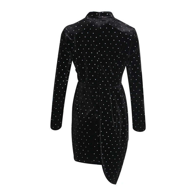 Женское осеннее платье бархатное в горошек асимметричное высокая талия расшитое