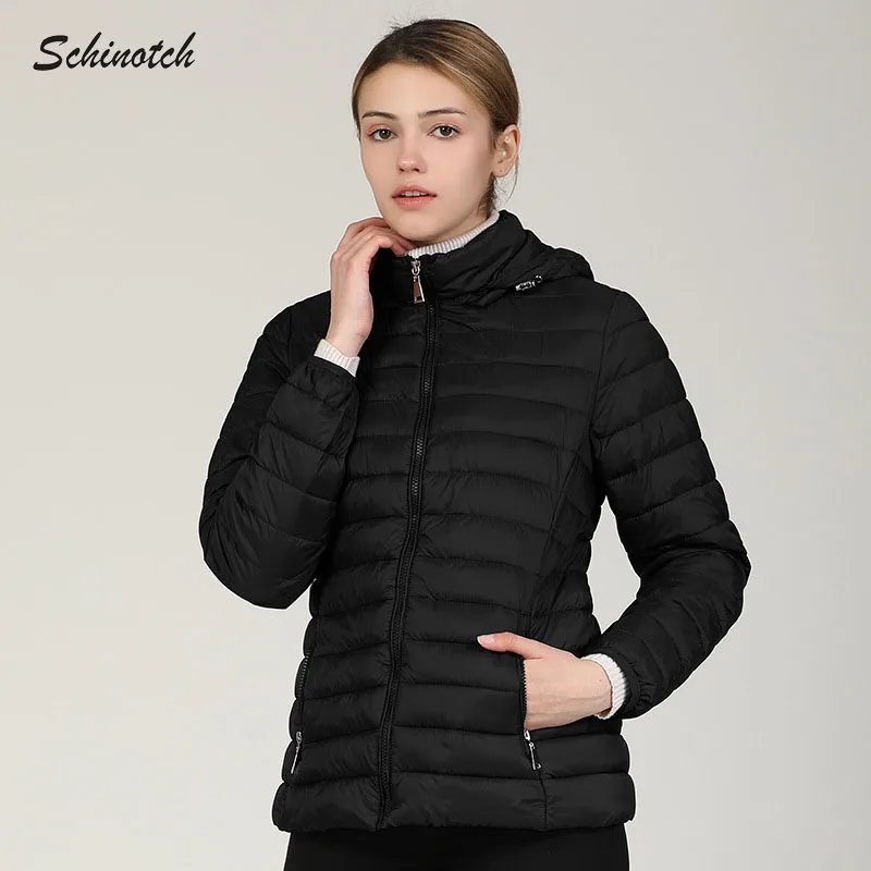 Schinotch Women Padded Jacket Thick Winter Warm Hooded Coat Solid Color Outwear Light Weight Parka Ladies Clothes