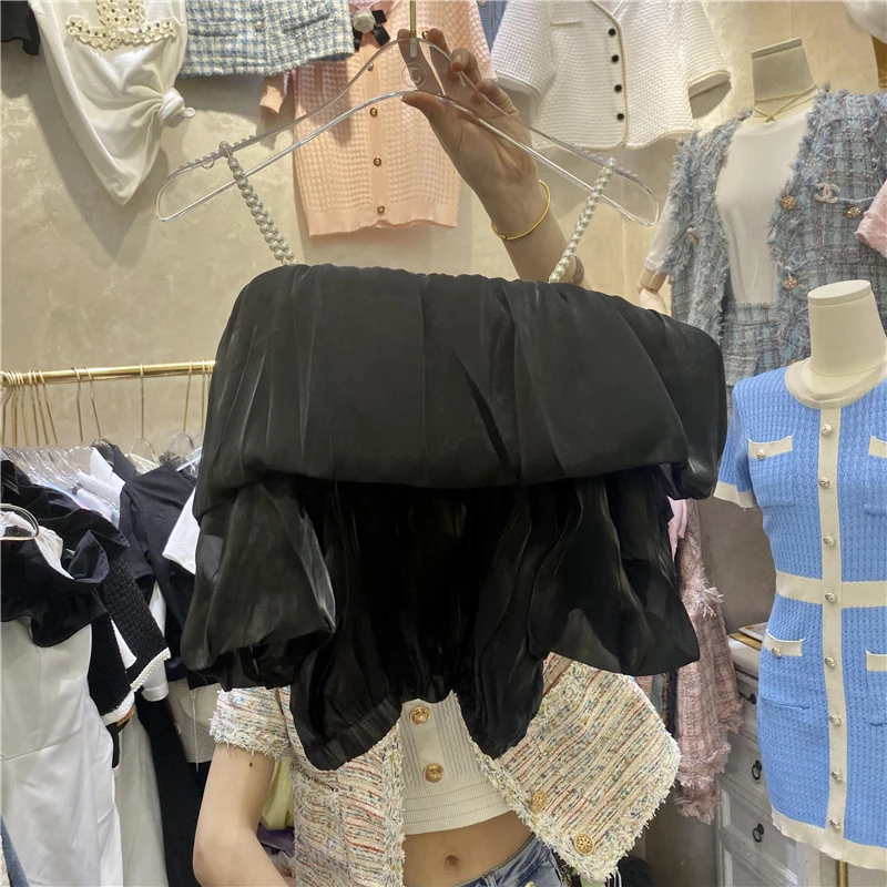 

2021 Summer Short Puff Sleeve Sweet Short Top Slash Neck Pearl Strap Off-Shoulder Ruffled Camisole for Women