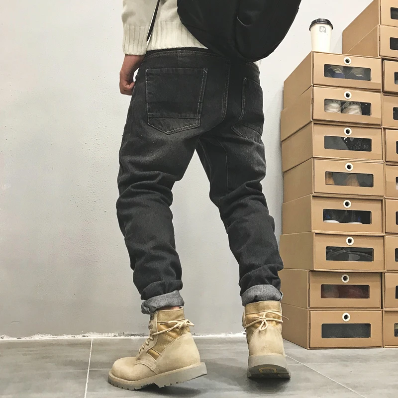 Europe Spring Summer Loose Black Jeans Men Solid Straight Ripped Long Denim Pants Casual Vintage Youth Chic Trousers 2021