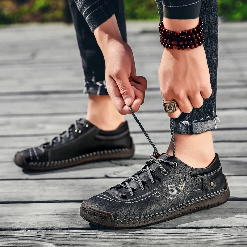 UEXIA Handmade Leather Mens Shoes Casual Luxury Brand Loafers Fashion Breathable Driving Slip on Moccasins Male Flats Footwear | Обувь
