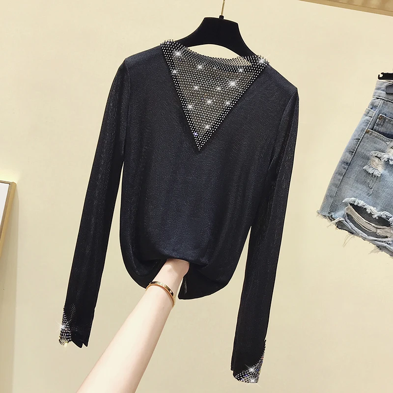 Женская футболка с V-образным вырезом осенняя Повседневная тонкая со стразами